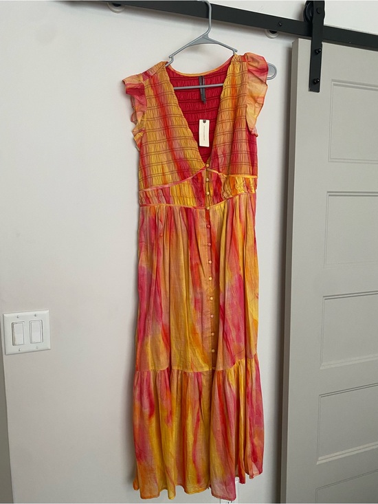 Anthropologie Dresses & Skirts - Anthropologie Smocked Maxi Dress | M | Watercolor Pink & Orange | Flutter Sleeve
